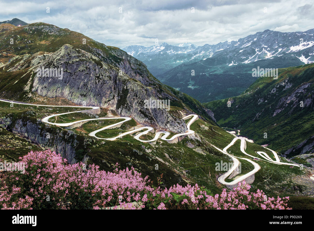Gotthard pass with the historic curvy road on a summer cloudy day in Switzerland Stock Photo
