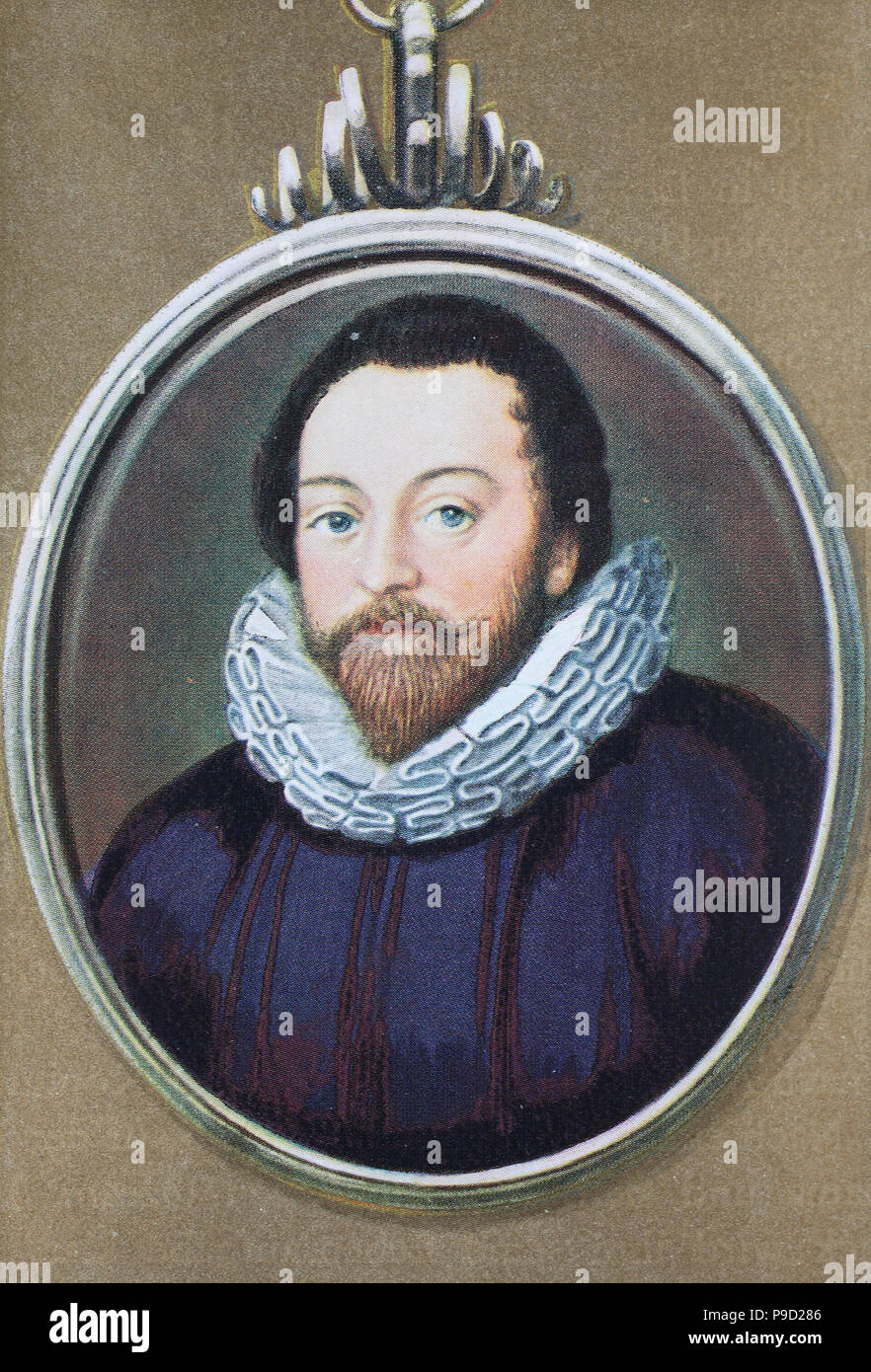 Sir Francis Drak, 1540 – 28 January 1596 was an English sea captain, privateer, slave trader, naval officer and explorer of the Elizabethan era, digital improved reproduction of an original print from the year 1900 Stock Photo