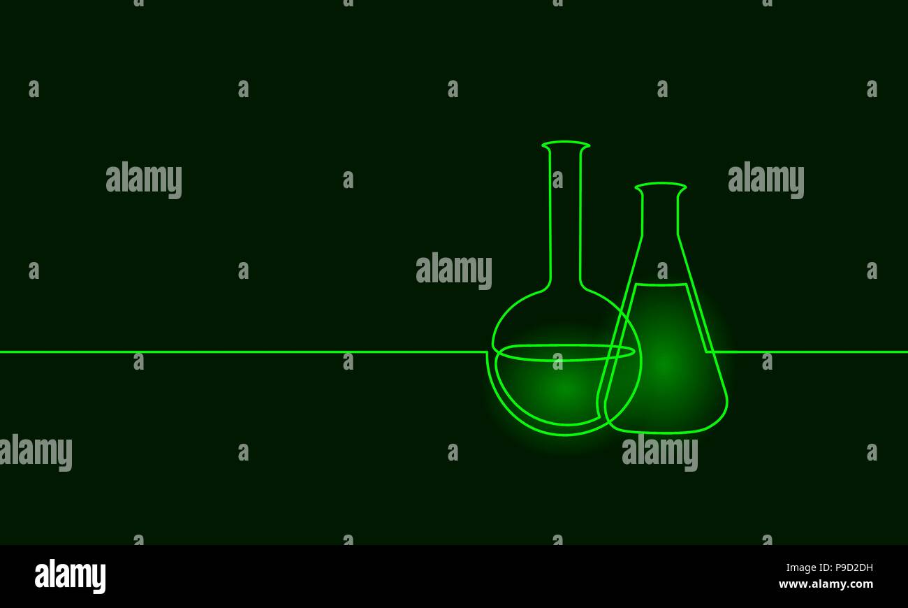 Single continuous line art chemical science flask. Scientific