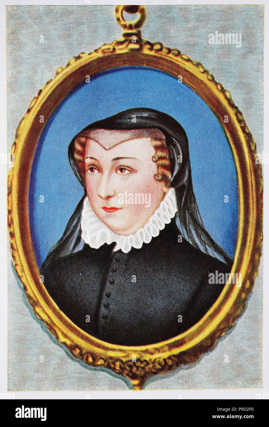 Catherine de Medic; 13 April 1519 â€“ 5 January 1589, daughter of Lorenzo II de' Medici and Madeleine de La Tour d'Auvergne, was an Italian noblewoman who was queen of France from 1547 until 1559, by marriage to King Henry II, digital improved reproduction of an original print from the year 1900 Stock Photo