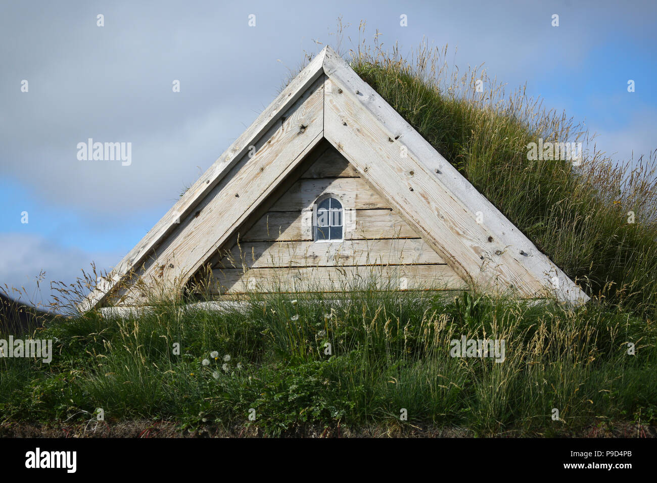 Grass roof, on viking house, Brattahlid, Greenland Stock Photo