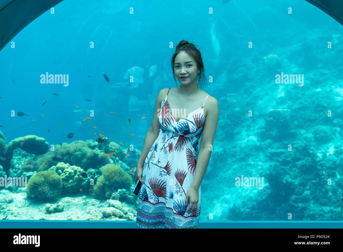 Asian beautiful woman dinner on undersea world background,  underwater restaurants in Maldives. Stock Photo