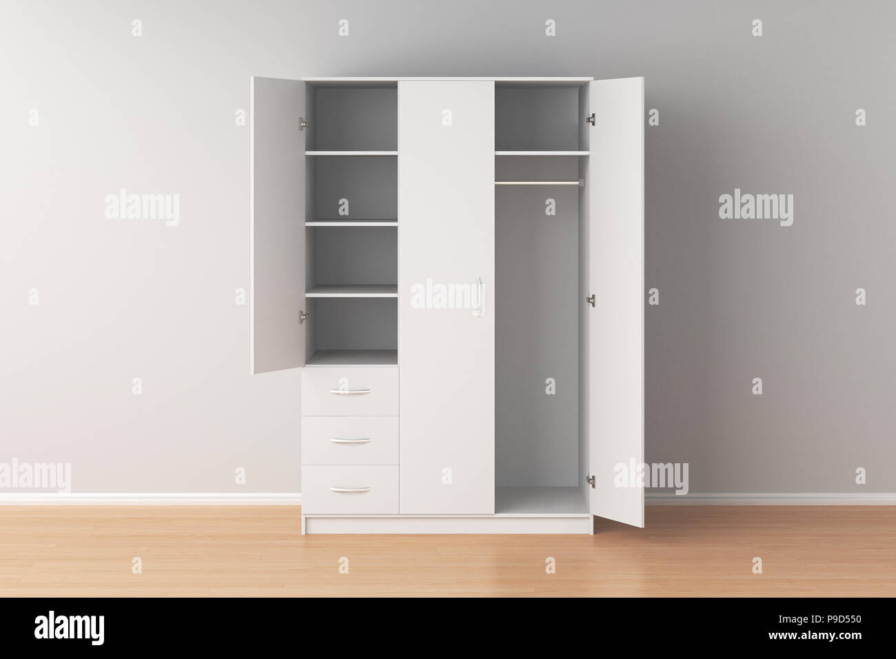 Empty white wardrobe with open doors in interior. 3d render Stock Photo