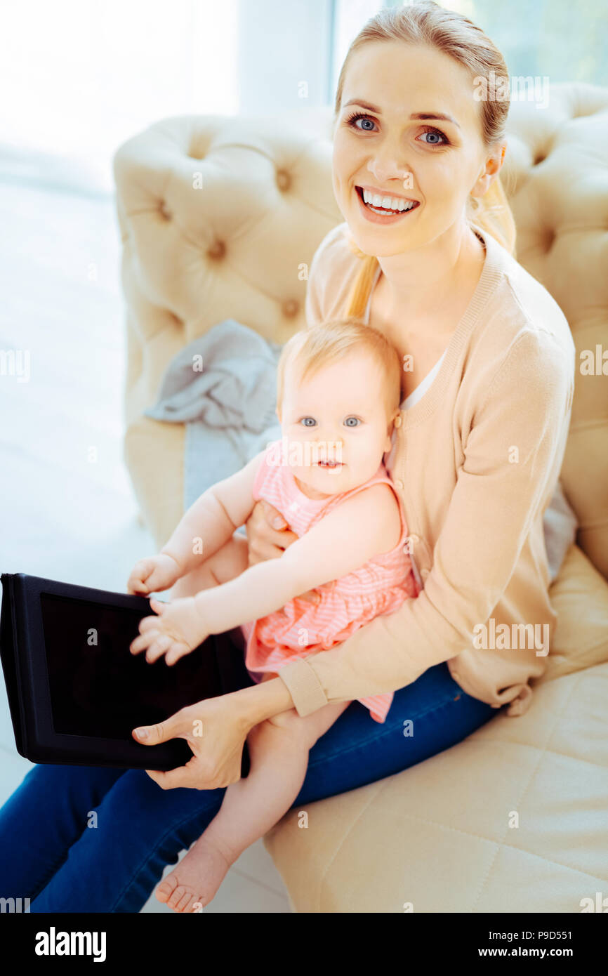 Cheerful female person posing on camera Stock Photo - Alamy
