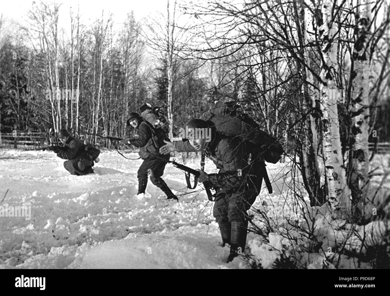 Red Army soldiers in a forest. The Winter War. 1939. Museum: Russian State Film and Photo Archive, Krasnogorsk. Stock Photo