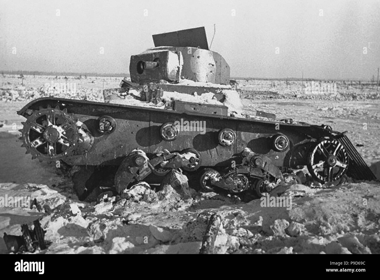 A Finnish tank destroyed in February 1940. The Winter War. Museum: Russian State Film and Photo Archive, Krasnogorsk. Stock Photo