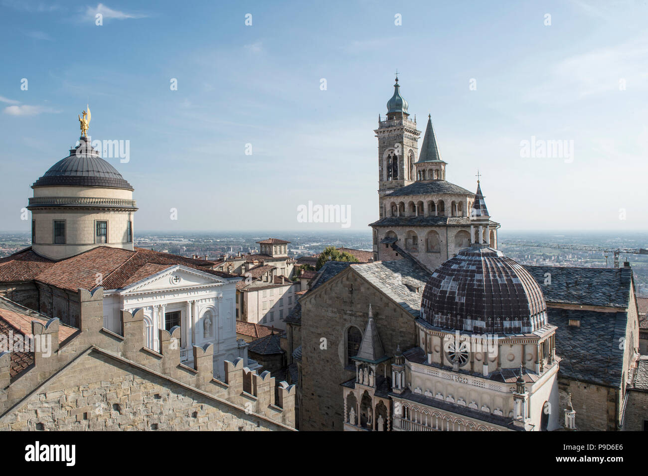 Italy,Lombardy,Bergamo,Città Alta,view of Sant' Alessandro Cathedral,Santa Maria Maggiore and Colleoni Chapel from Civic Tower (The "Campanone") Stock Photo