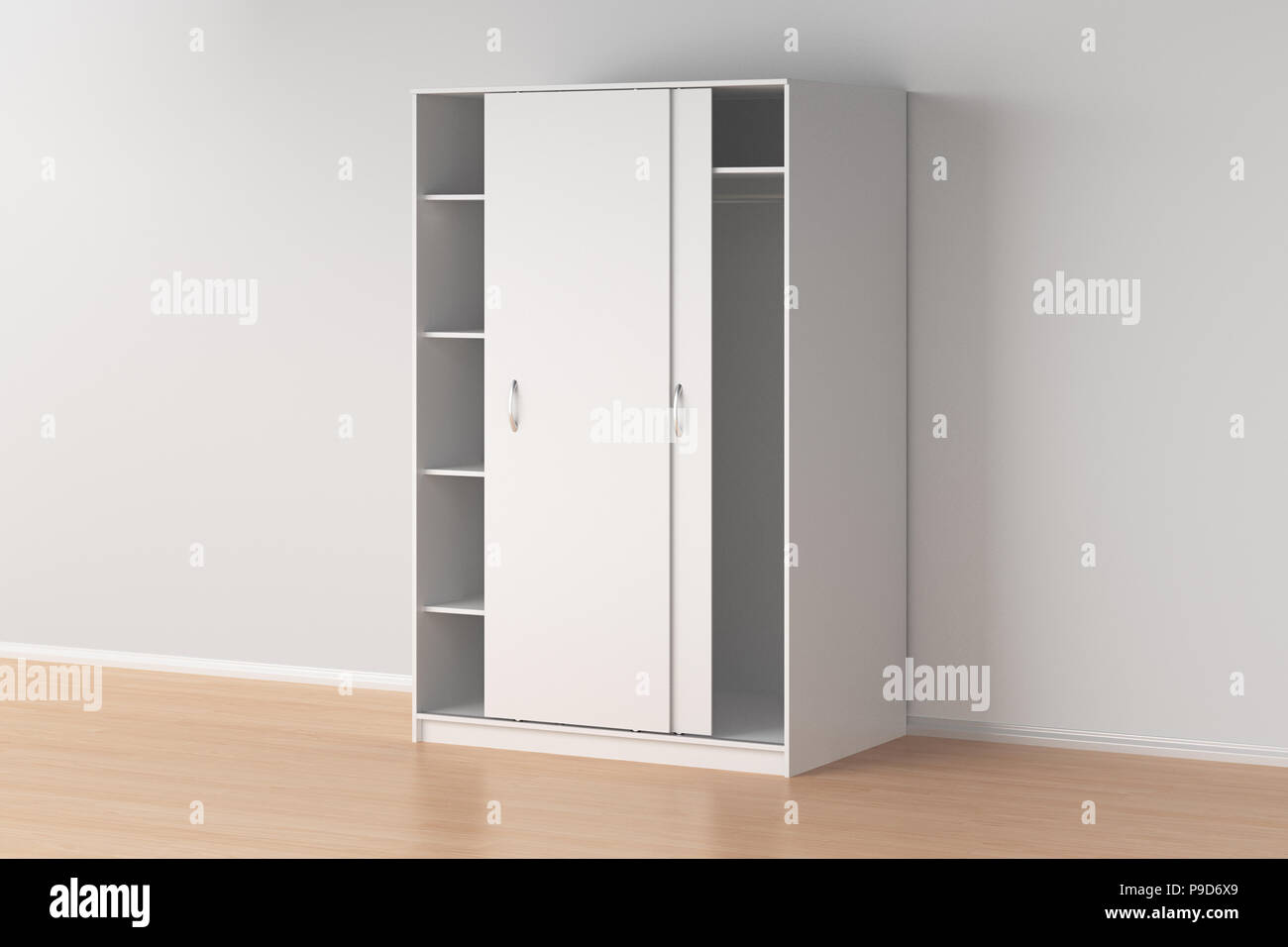 White wardrobe with sliding doors in interior. 3d render Stock Photo