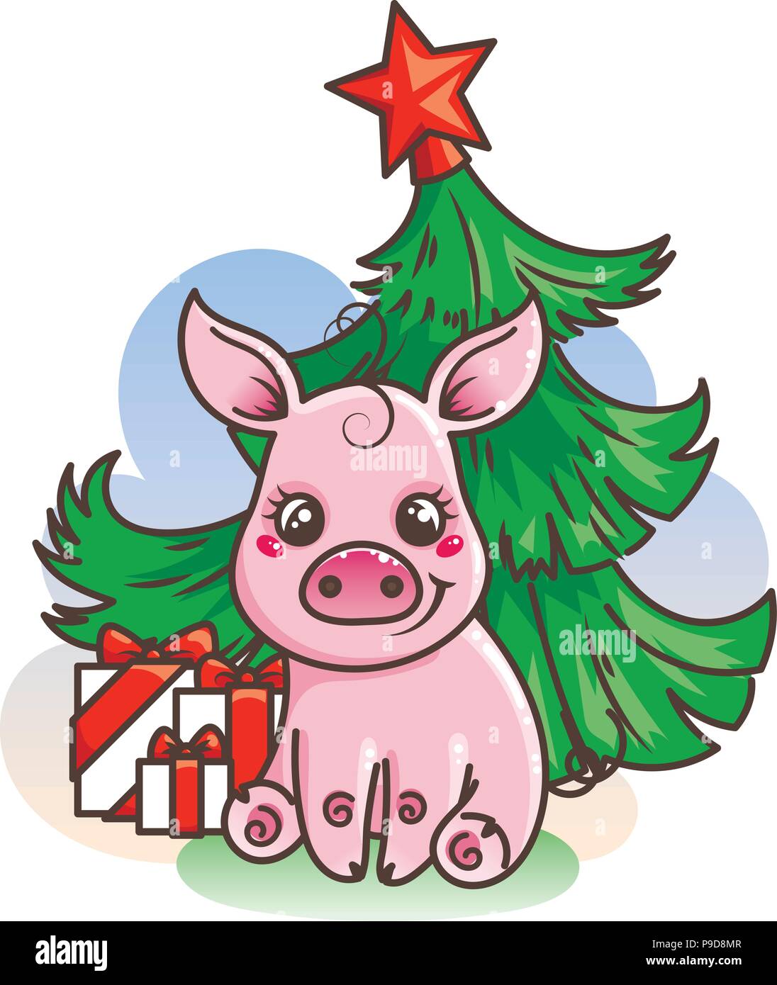 Happy New 2019 Year card with cartoon baby pig. Small vector symbol of ...