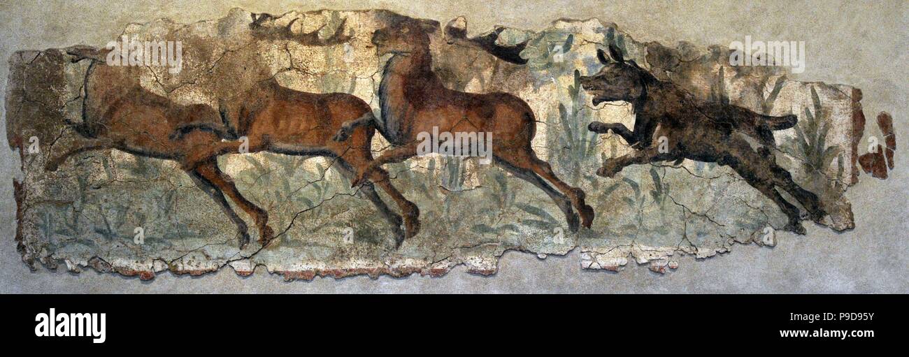 Roman era. Mural painting. Hunting scene. Dog chasing three deer. 2nd-3rd century AD. National Archaeological Museum. Tarragona. Catalonia, Spain. Stock Photo