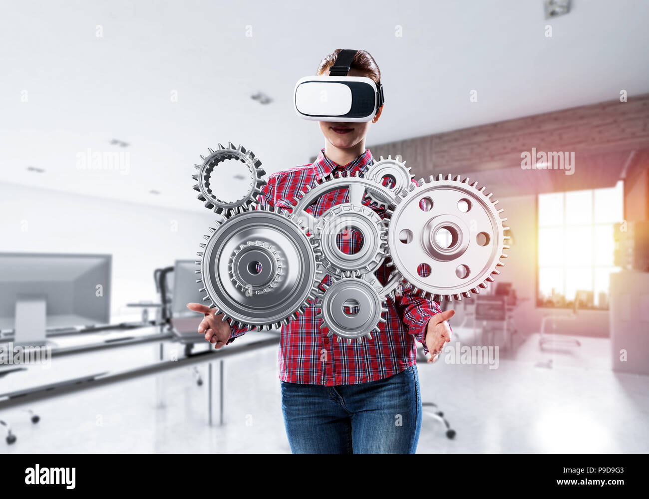 Girl in casual wearing VR glasses and experiencing virtual reali Stock ...