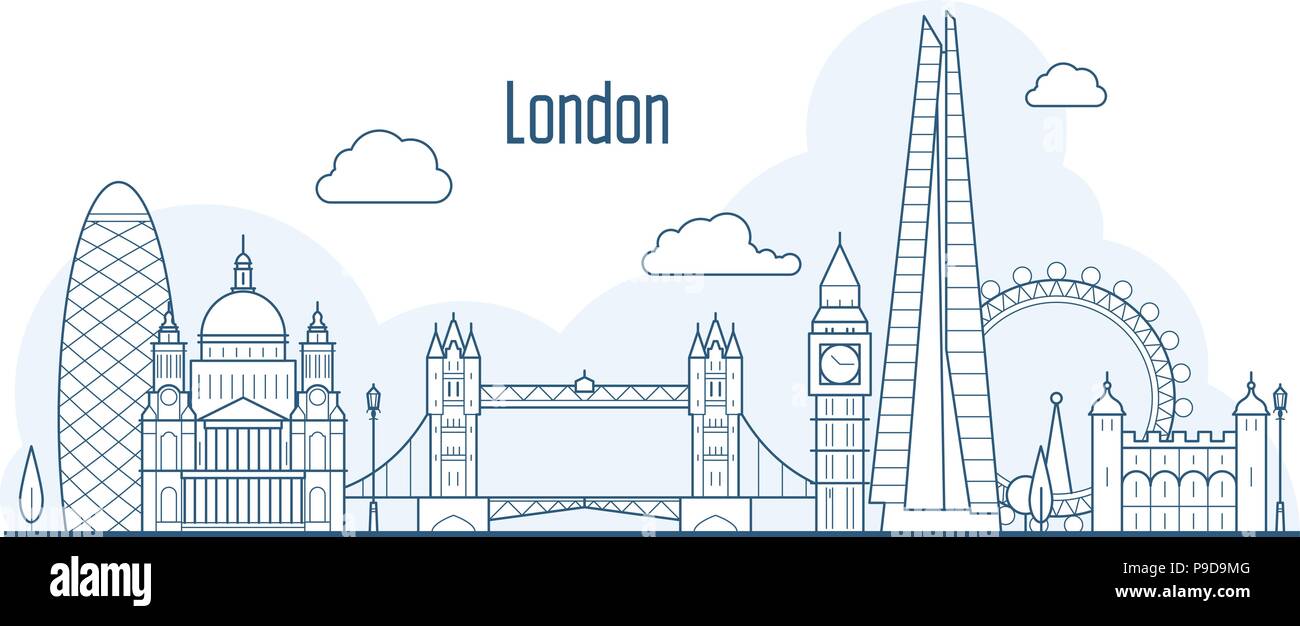 London city skyline - cityscape with landmarks in liner style Stock Vector