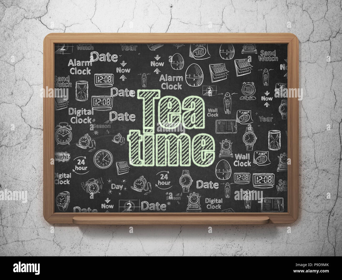 Timeline concept: Chalk Green text Tea Time on School board background ...