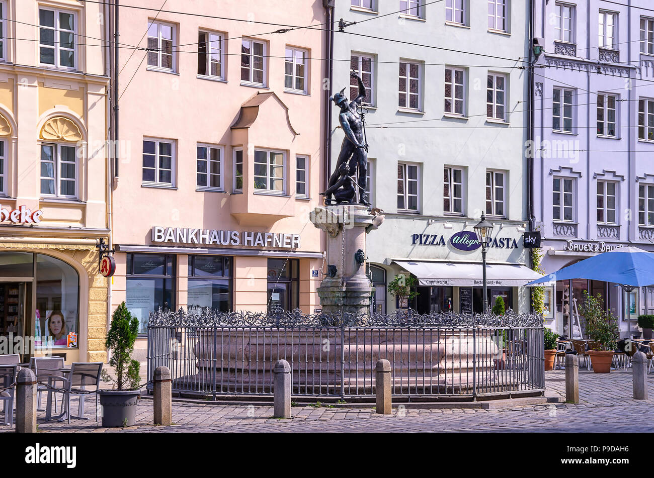 Augsburg, Bavaria, Germany - The Fountain of Mercury on Maximilian Street. Stock Photo