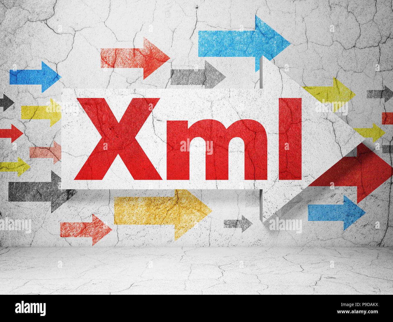 Programming concept: arrow with Xml on grunge textured concrete wall ...