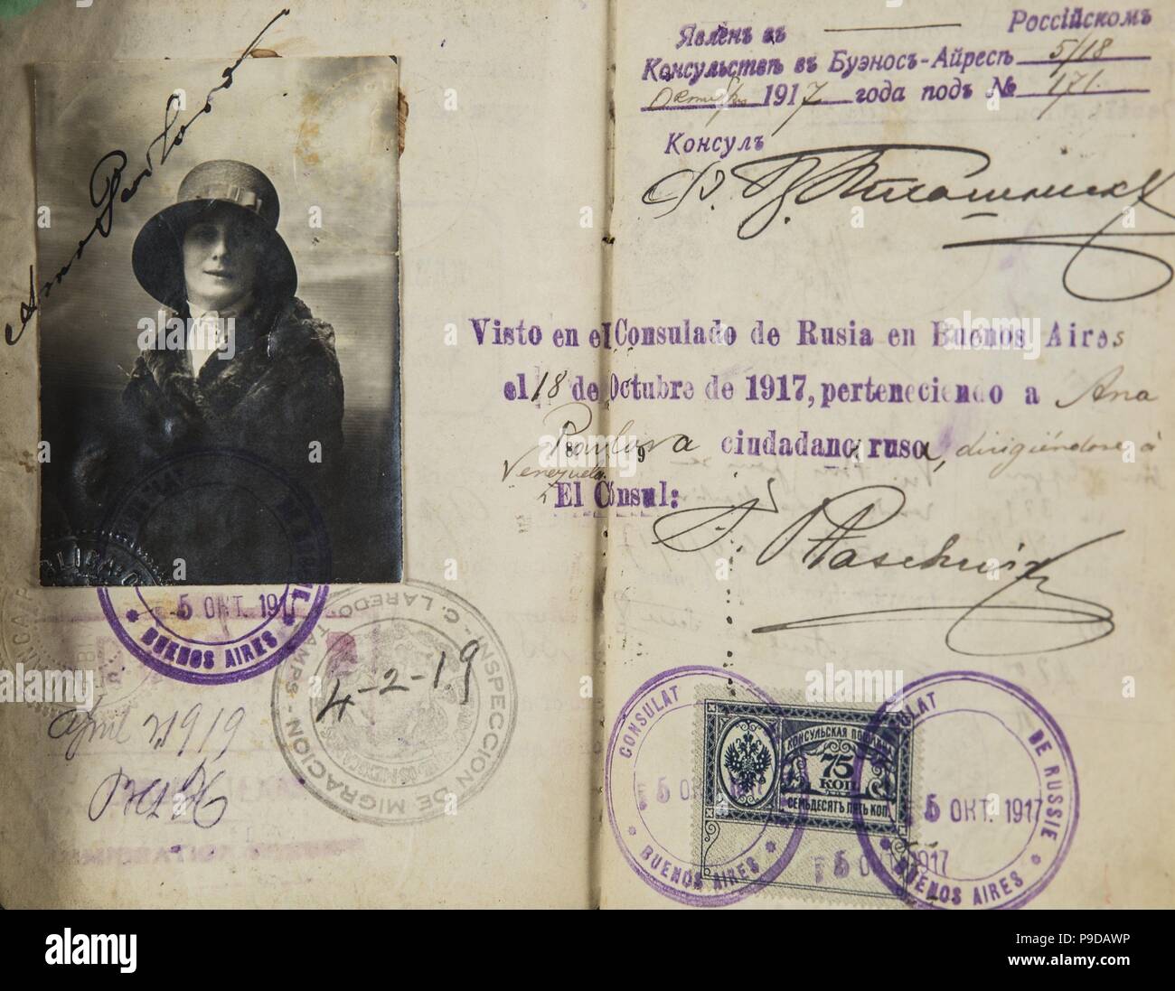 Passport of Anna Pavlova. Museum: PRIVATE COLLECTION. Stock Photo