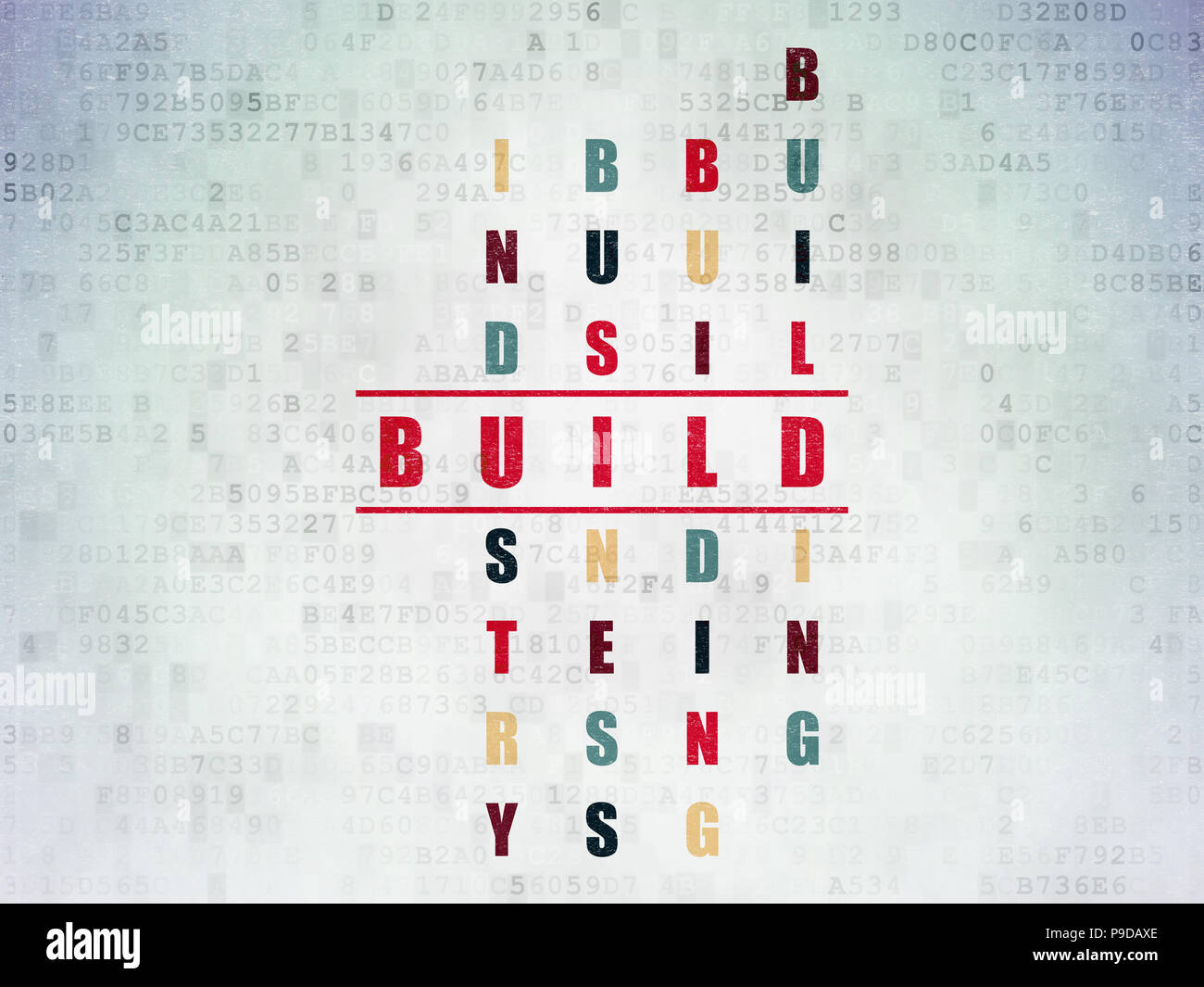 Construction concept Painted red word Build in solving Crossword Puzzle on Digital Data Paper