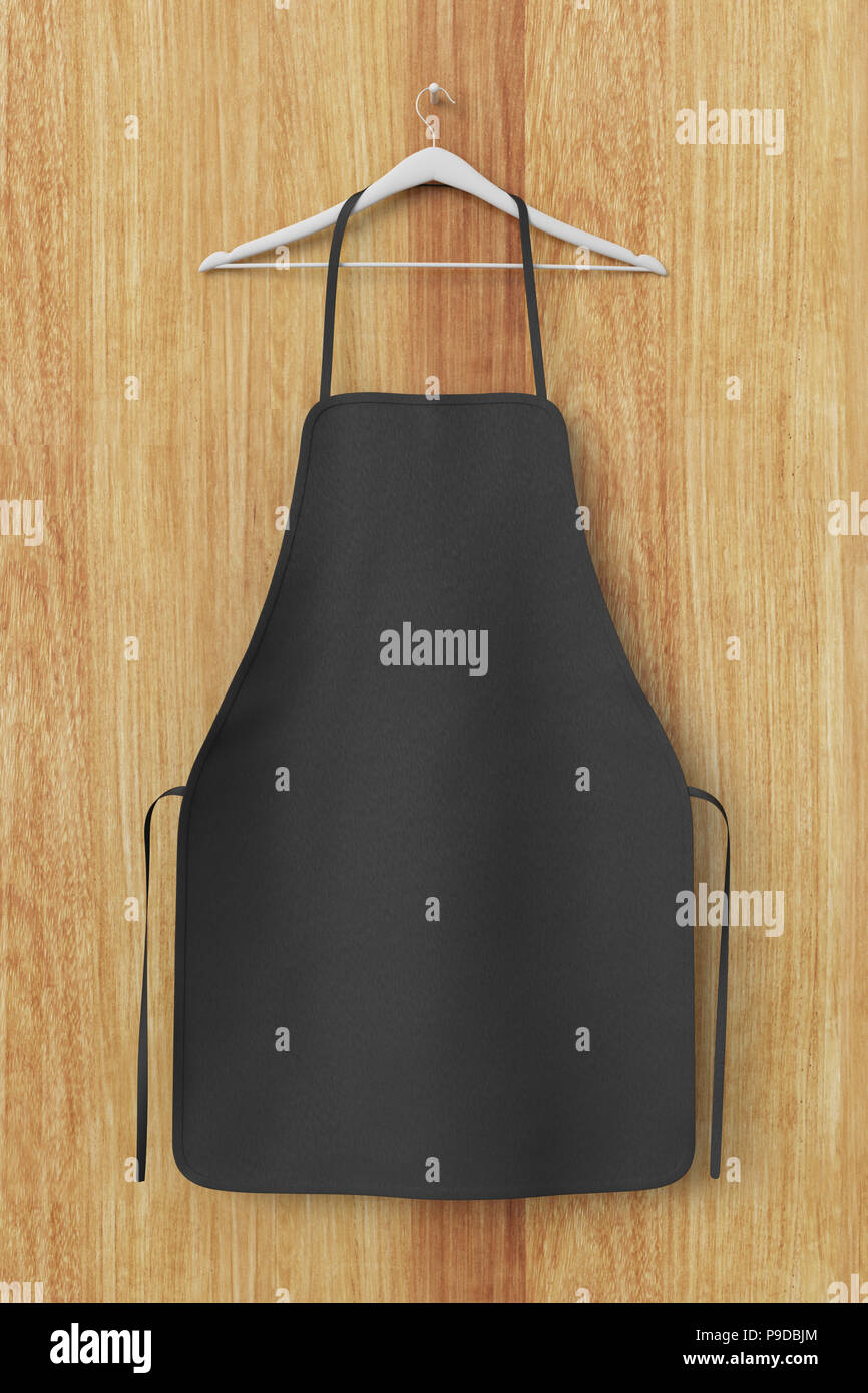 Blank black apron isolated on wooden background with clipping path. 3d ...
