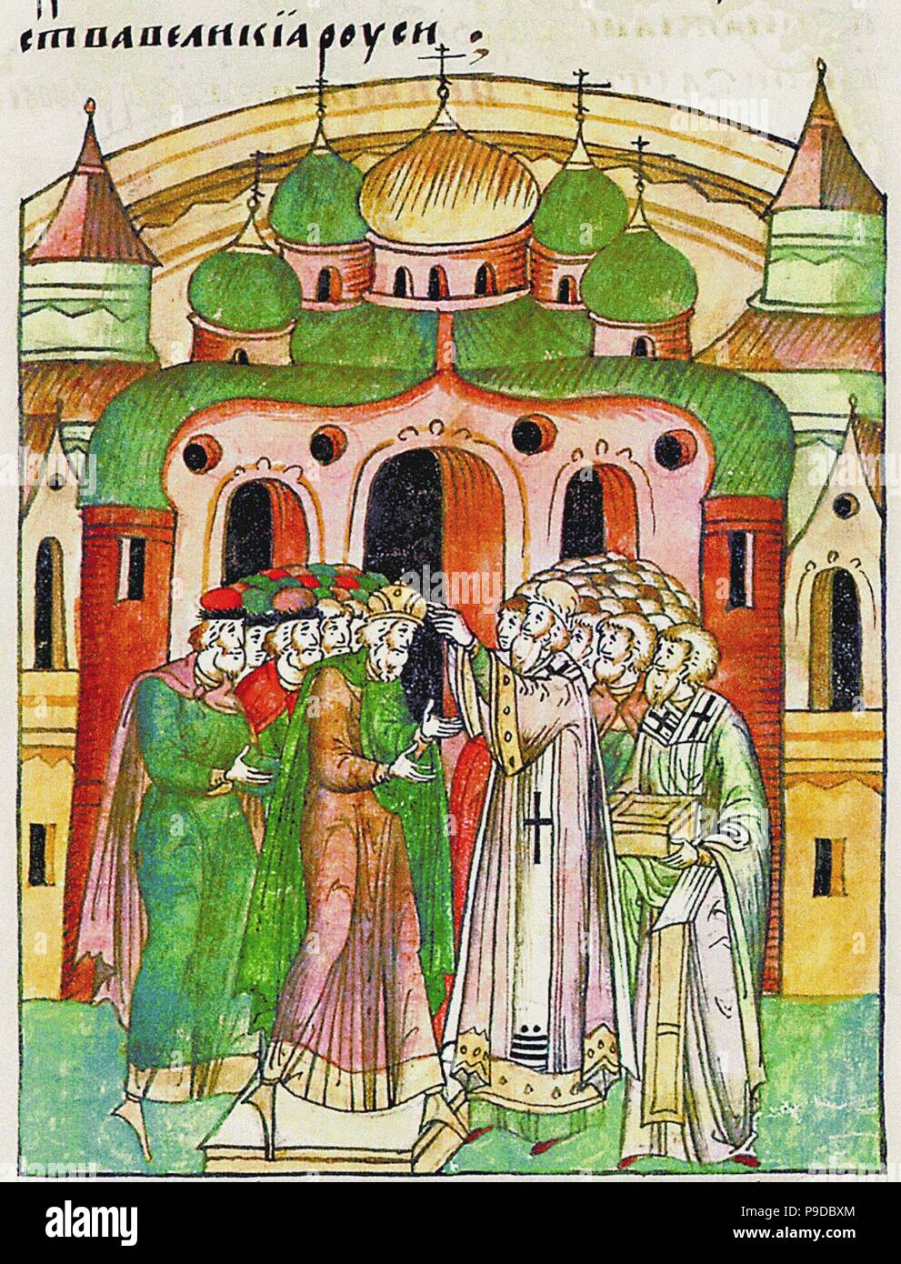 Vladimir Vsevolodovich crowned by Bishop Neophytos with Monomakh's Cap. (From the Illuminated Compiled Chronicle). Museum: Russian National Library, St. Petersburg. Stock Photo