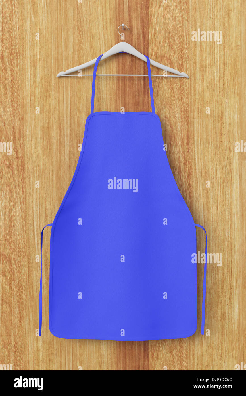 Blank blue apron isolated on wooden background with clipping path. 3d ...