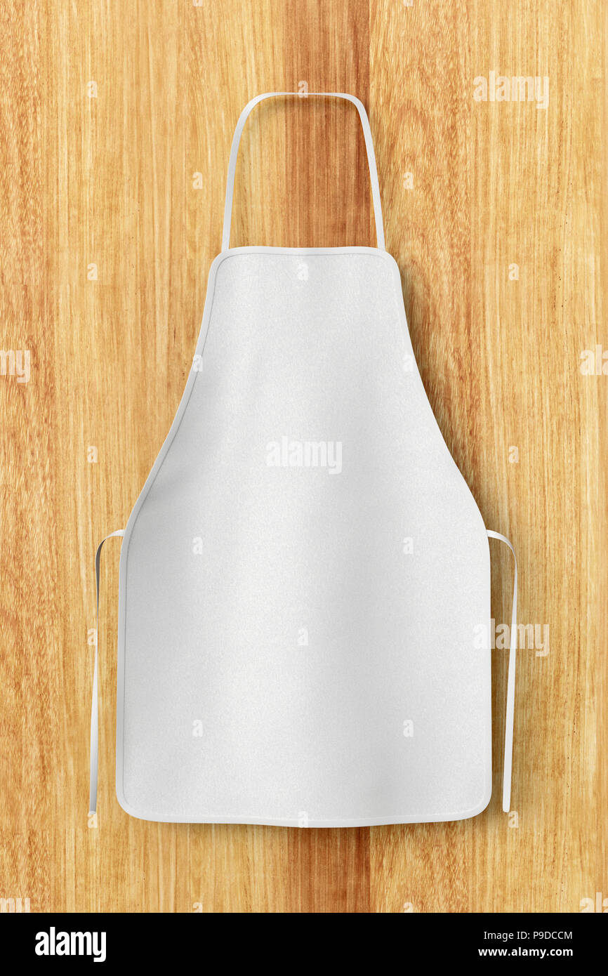 Blank white apron isolated on wooden background with clipping path. 3d ...