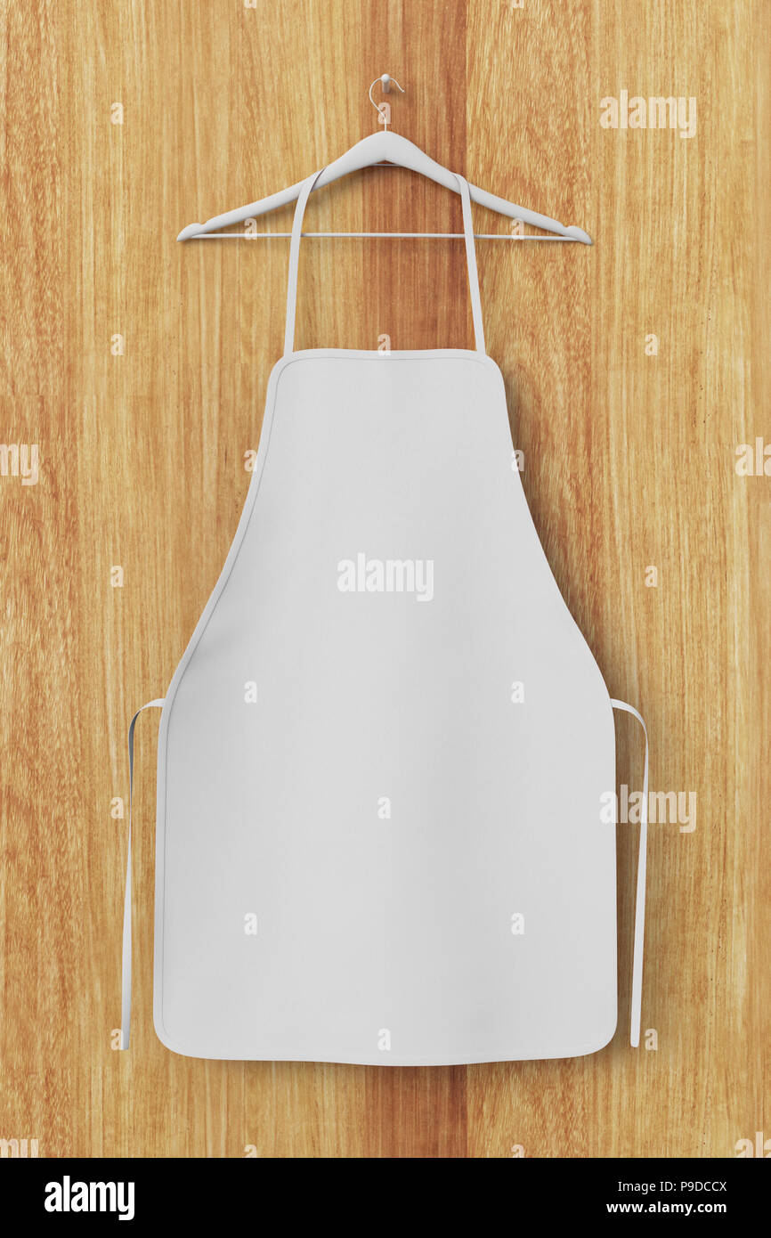 Blank white apron isolated on wooden background with clipping path. 3d ...