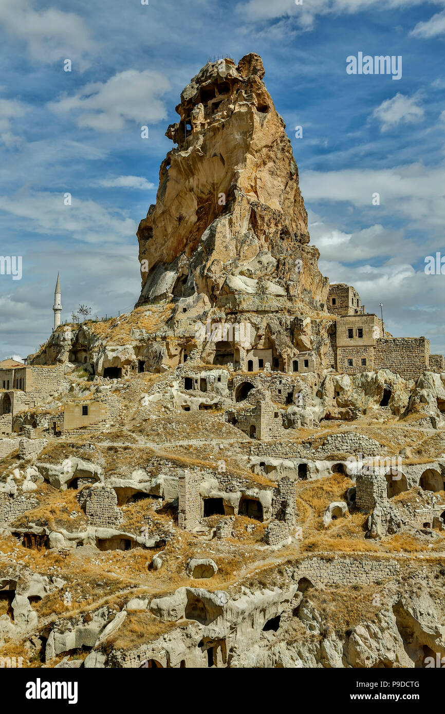 'Castle' and cave dwellings,  Ortahisar, Cappadocia, Turkey Stock Photo