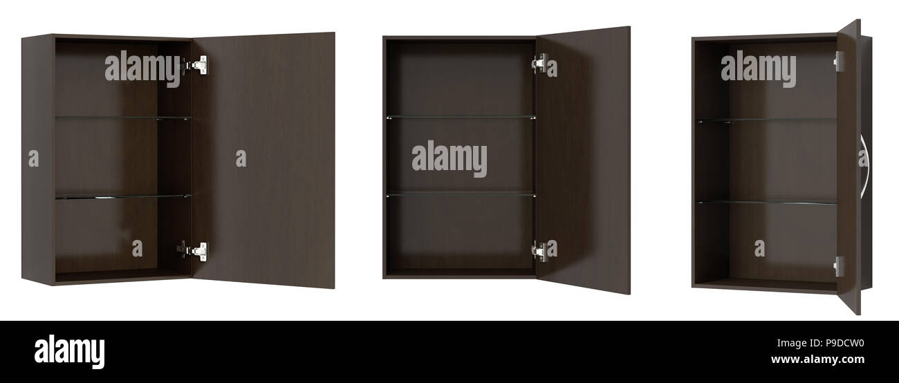 Different views of open empty dark brown bathroom isolated on