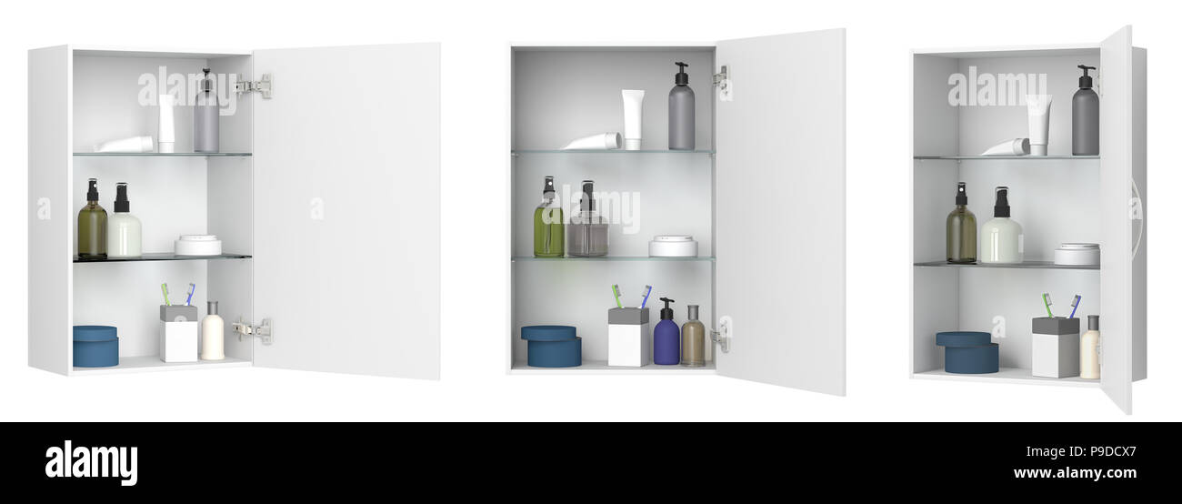 Different views of open white bathroom with cosmetics and bath