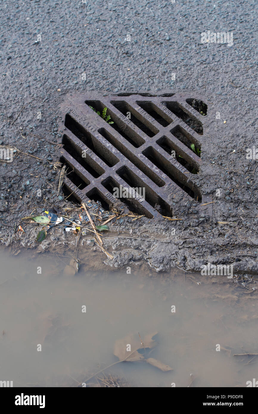 Drain cover on a rural road, North Yorkshire, UK. Stock Photo