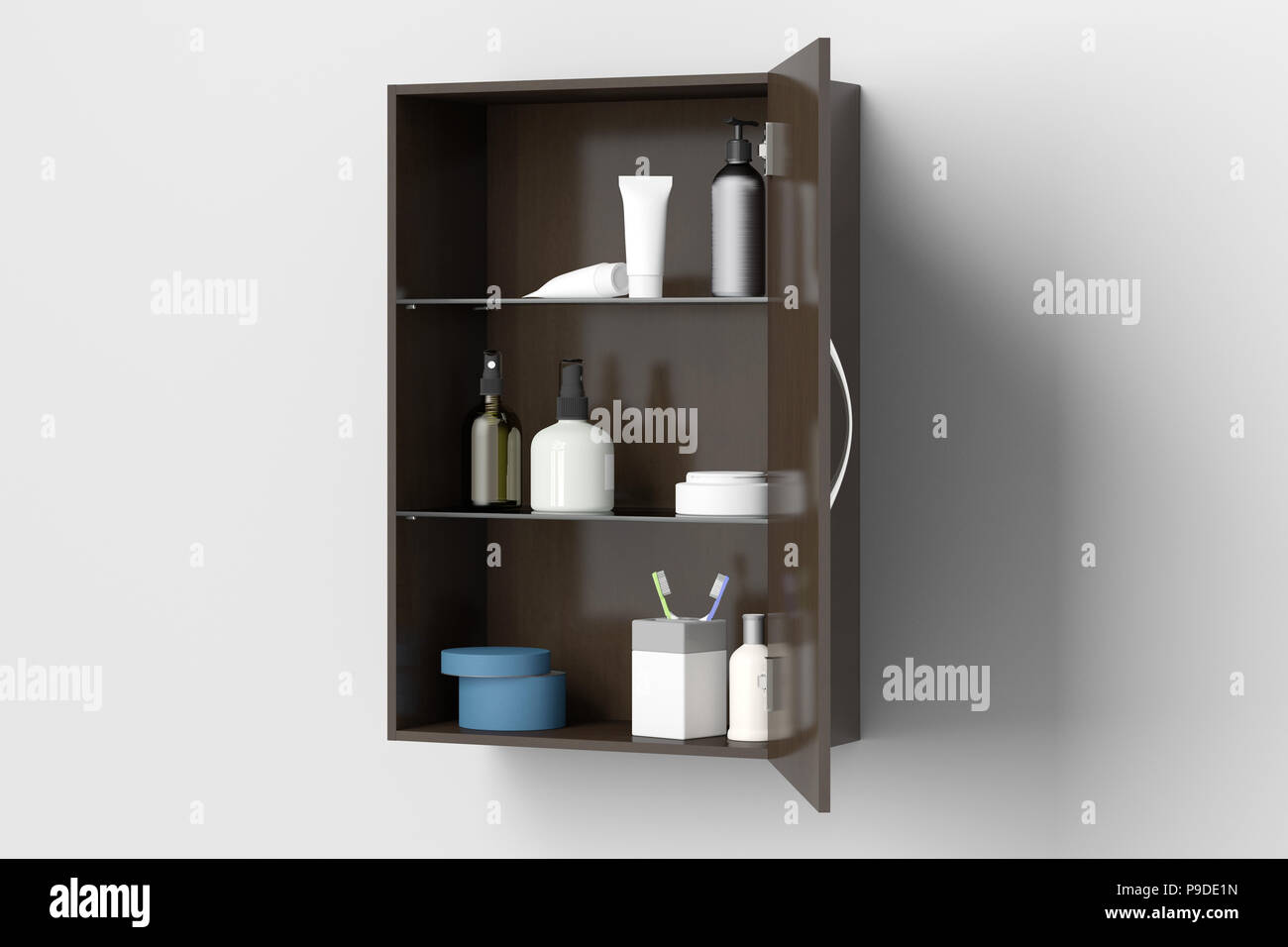 Open Dark Brown Bathroom Cabinet With Cosmetics And Bath Products