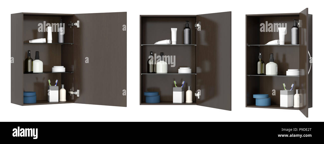 Different views of open dark brown bathroom with cosmetics and