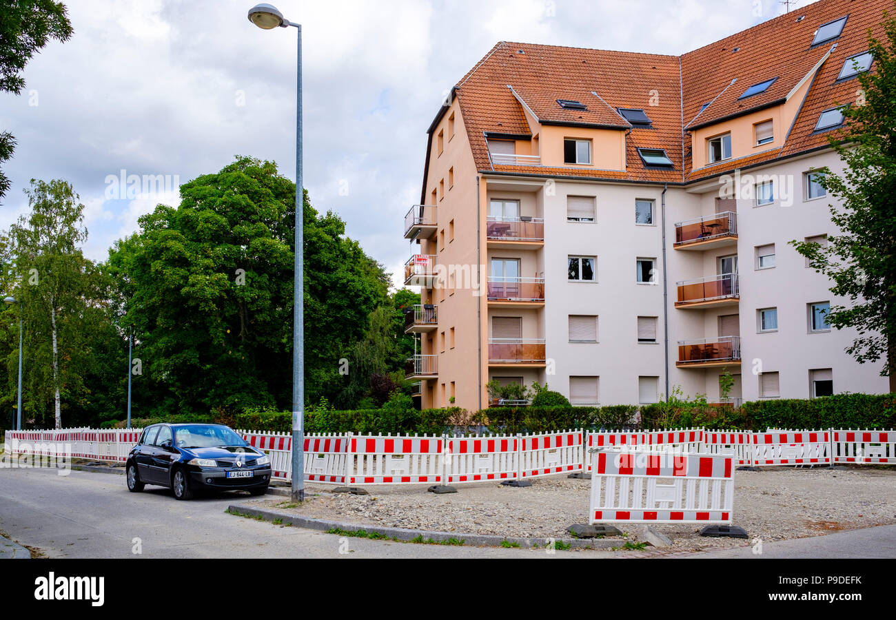 Strasbourg, apartments block, one parked car, pîcket fence, Alsace, France, Europe, Stock Photo