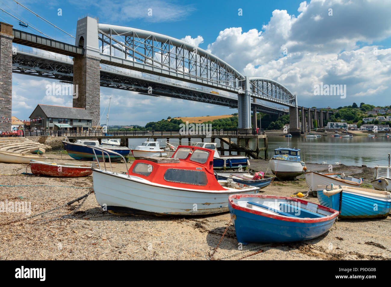 Saltash Cornwall England July 12, 2018 The Tamar bridges seen from the