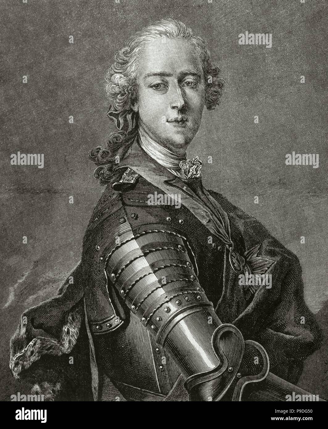 Charles Edward Stuart (1720-1788), known as The Young Pretender and The Young Chevalier. Second Jacobite pretender to the thrones of England, Scotland, France and Ireland, as Charles III, from the death of his father in 1766. Portrait. Engraving by R. Taylor. Stock Photo