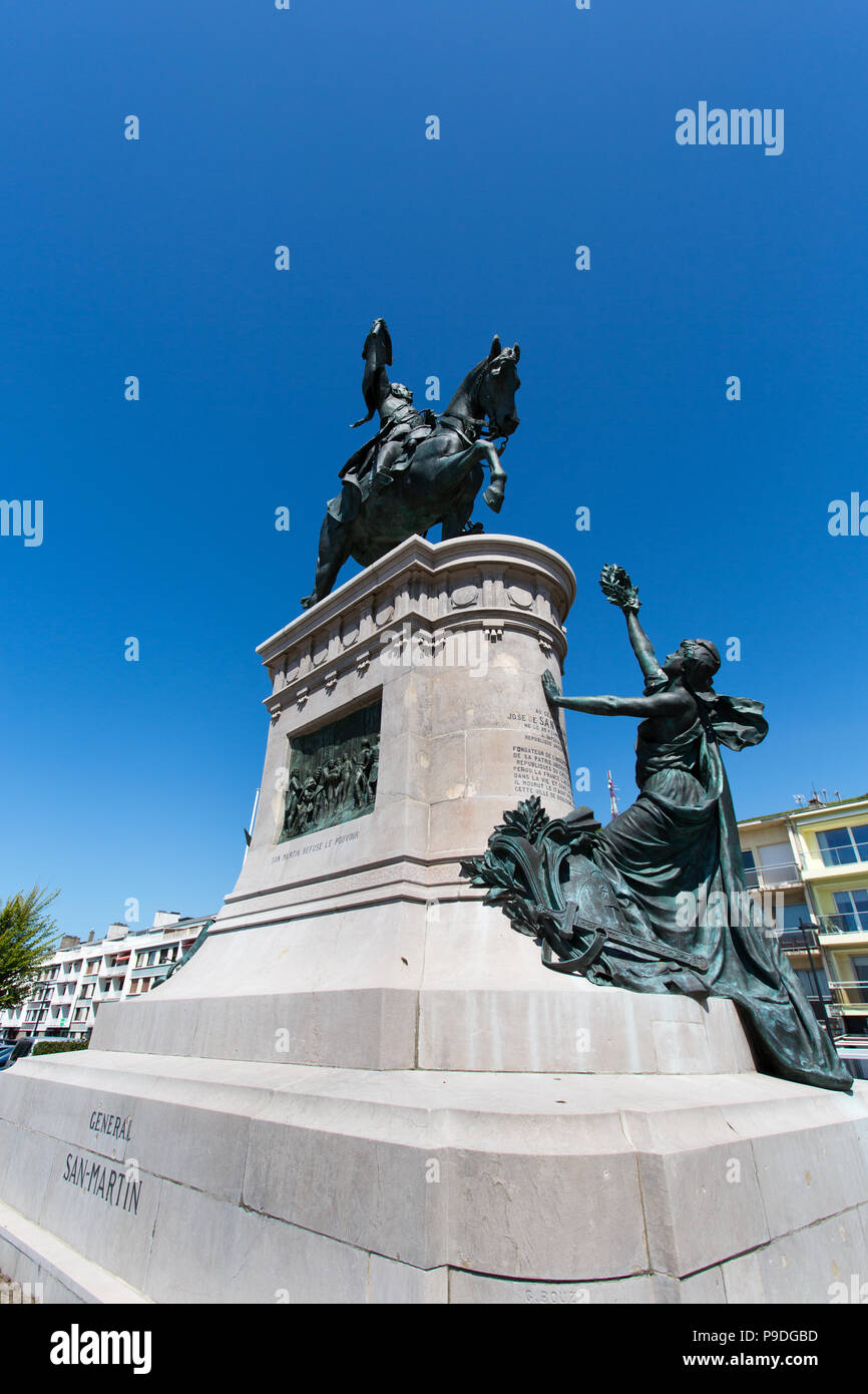 City of Boulogne-sur-Mer, France. Picturesque view of the General San Martin equestrian statue, at Boulogne-sur-Mer’s Promenade San Martin. Stock Photo