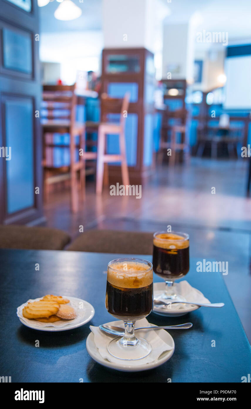 Two glasses of coffee in a traditional cafe. Madrid, Spain. Stock Photo