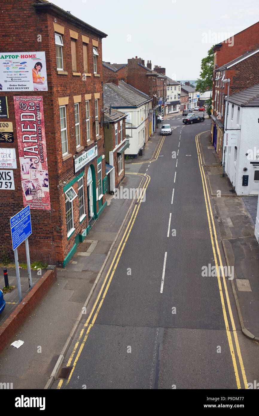 Looking down from the roadbrige into main street in Runcorn in Cheshire Stock Photo