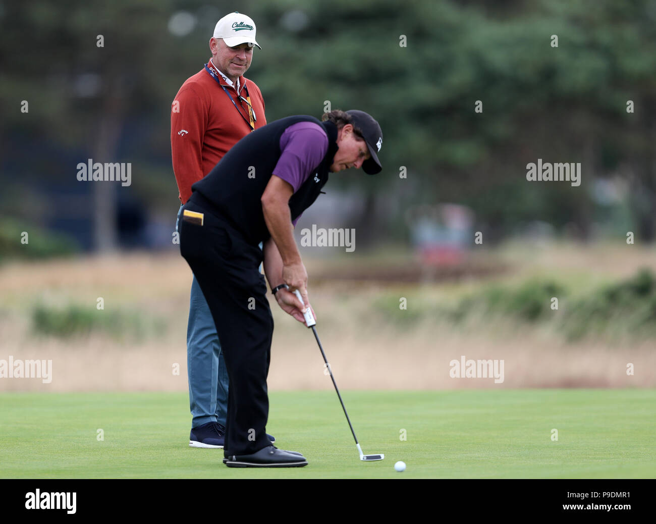 European Ryder Cup captain Thomas Bjorn watches USA's Phil Mickelson during  preview day three of The Open Championship 2018 at Carnoustie Golf Links,  Angus Stock Photo - Alamy