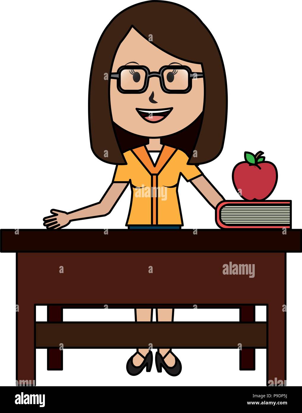 Woman Teacher In Desk With Apple And Book Vector Illustration