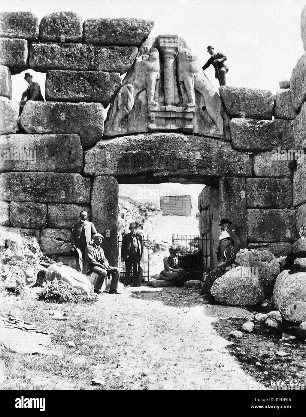 Wilhelm Dörpfeld and Heinrich Schliemann at the Lion Gate of Mycenae. Museum: Russian Museum of Ethnography. Stock Photo