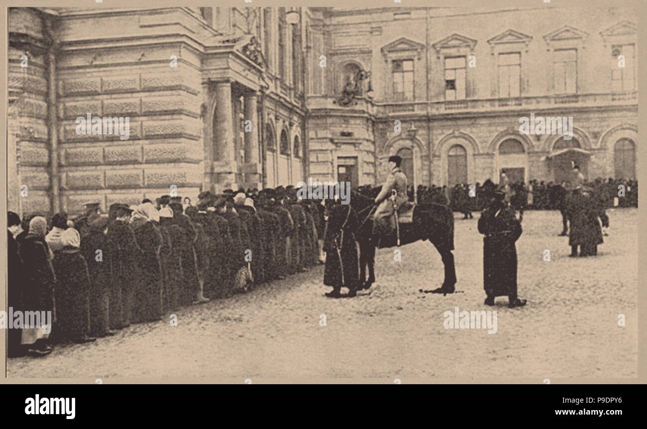 A Russian Bread Line Guarded by the Imperial Police. March 1917. Museum: State Museum of the Political History of Russia, St. Petersburg. Stock Photo