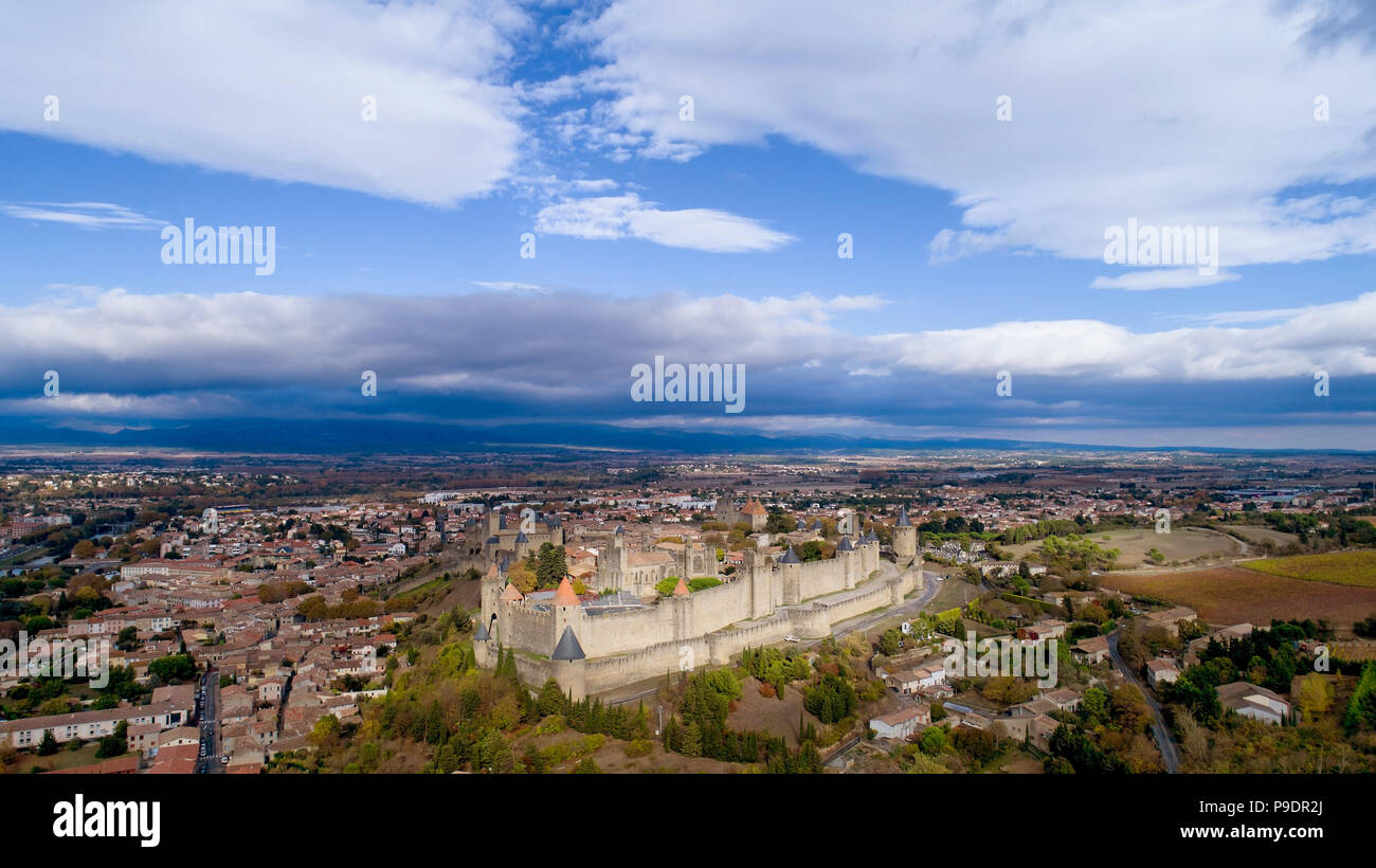 Aerial photo of the fortified city of Carcassonne, France Stock Photo