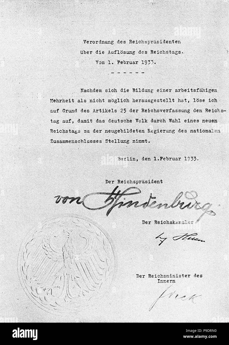 Decree from Hindenburg ordering dissolution of the Reichstag from 1 February 1933. Museum: Russian State Film and Photo Archive, Krasnogorsk. Stock Photo