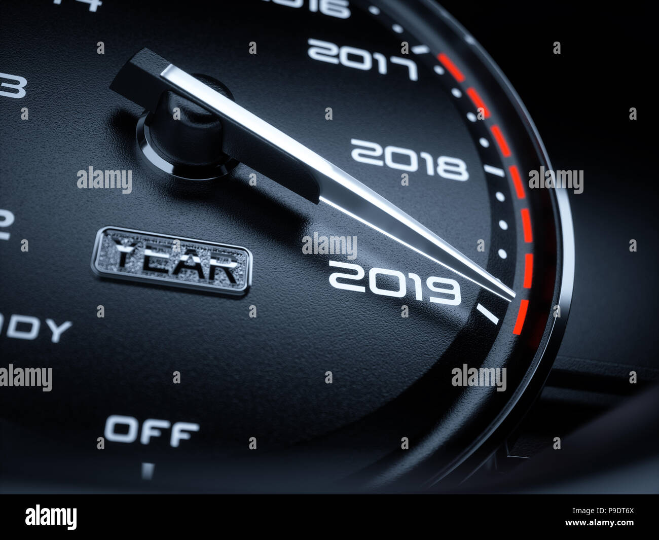 2019 year car speedometer countdown concept. 3d rendering illustration Stock Photo
