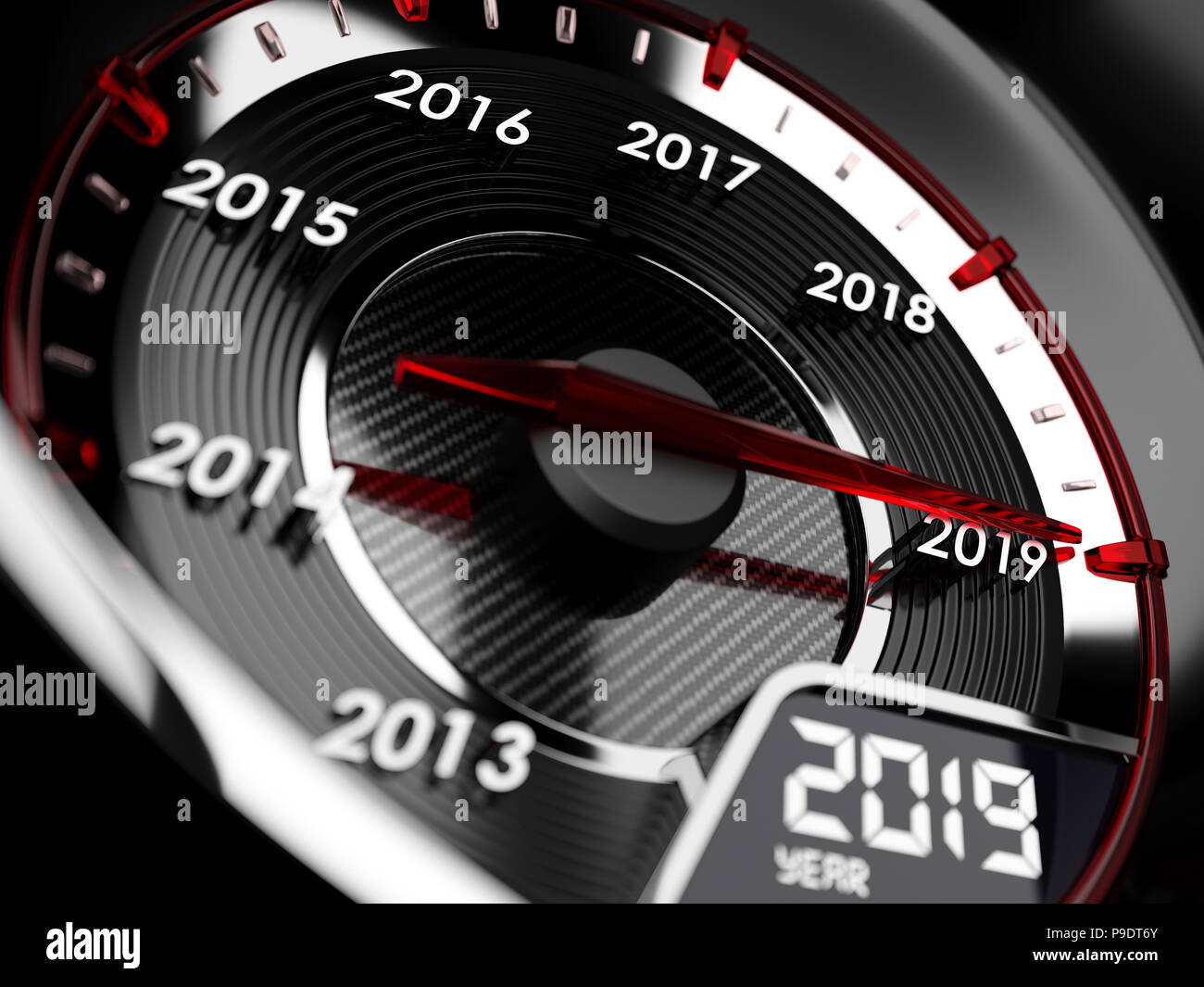 3d illustration of 2019 year car speedometer. Countdown concept Stock Photo