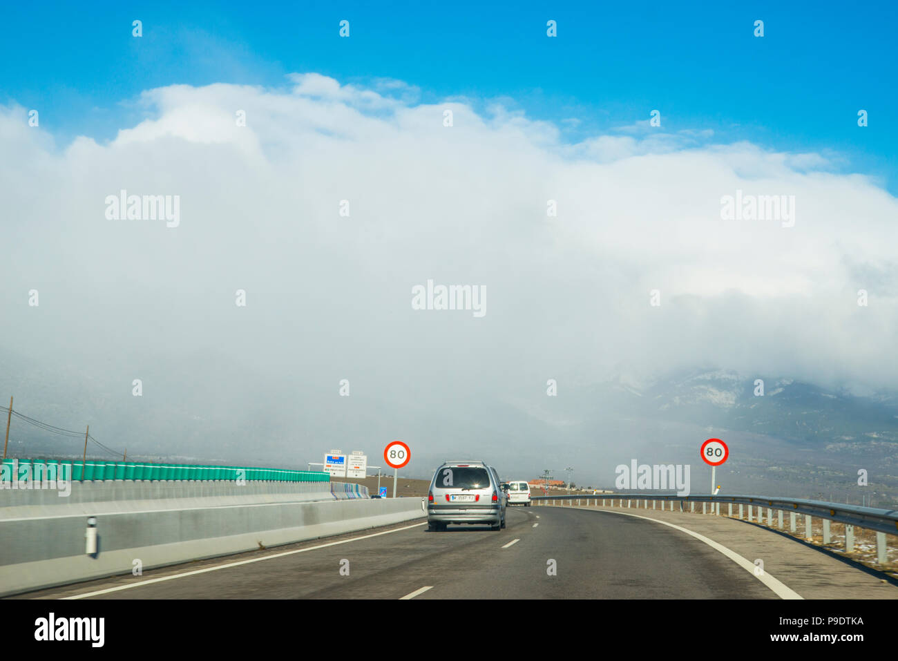 Highway and fog. Stock Photo