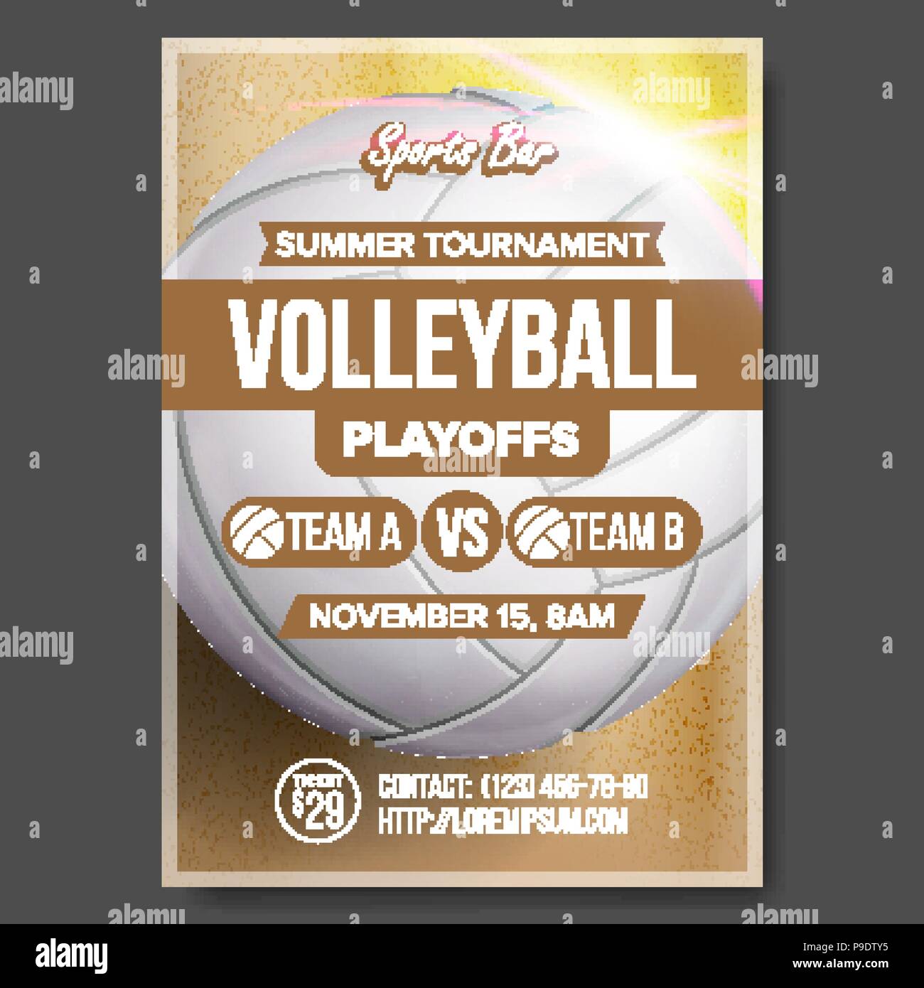 Volleyball Poster Vector. Volleyball Ball. Sand Beach. Design For Sport Bar Promotion. Vertical Volleyball Club. Cafe, Pub Flyer. Summer Game. Championship Blank Invitation Illustration Stock Vector