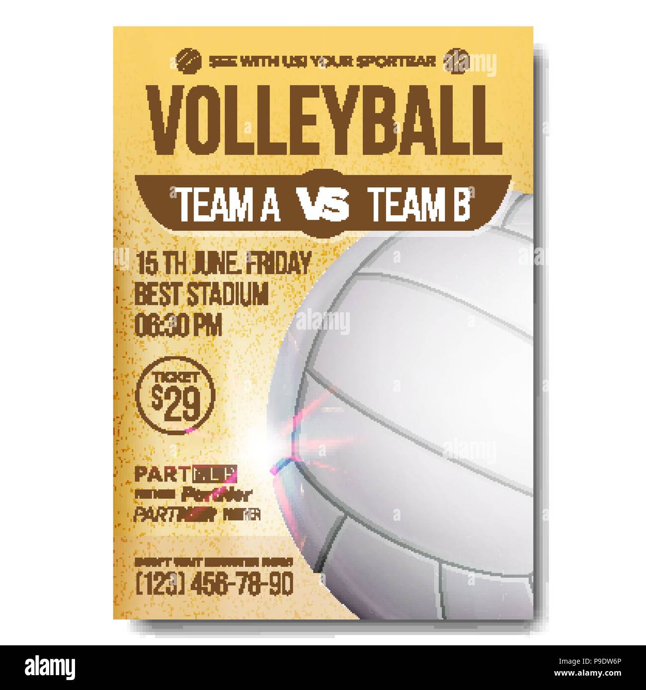 Volleyball Poster Vector. Banner Advertising. Sand Beach, Net. Sport Event Announcement. A4 Size. Game, League Design. Volley. Championship Label Illustration Stock Vector