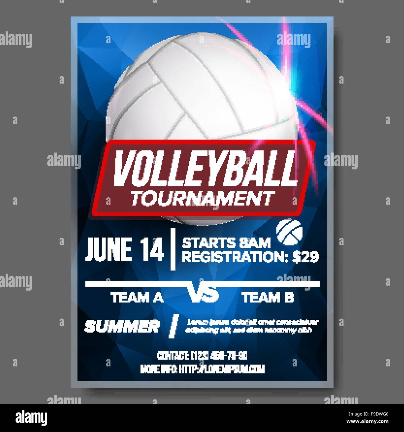 Volleyball Poster Vector. Sport Event Announcement. Ball. Banner Advertising. Event Promo. Template Design. Professional League. Summer Game. Volley. A4 Size Event Illustration Stock Vector